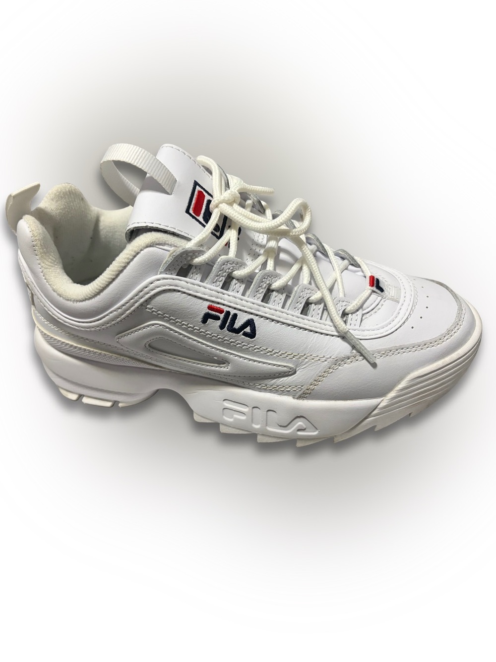 Fila White Leather Women's Disruptor II Sneakers with Red & Navy Logos